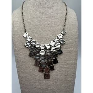 Industrial Artsy Geometric Silver Mini Linked Hammerd Square Bib Tiered Necklace